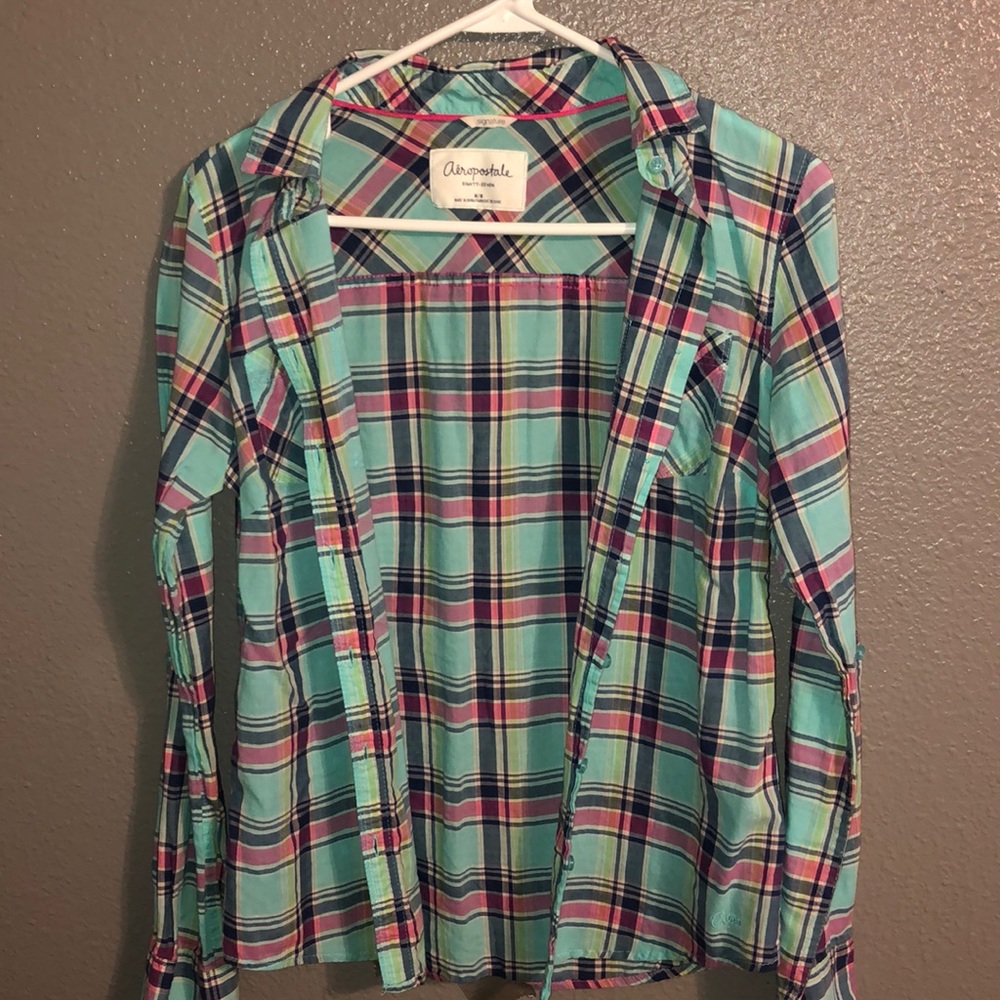 aeropostal bright blue and pink flannel